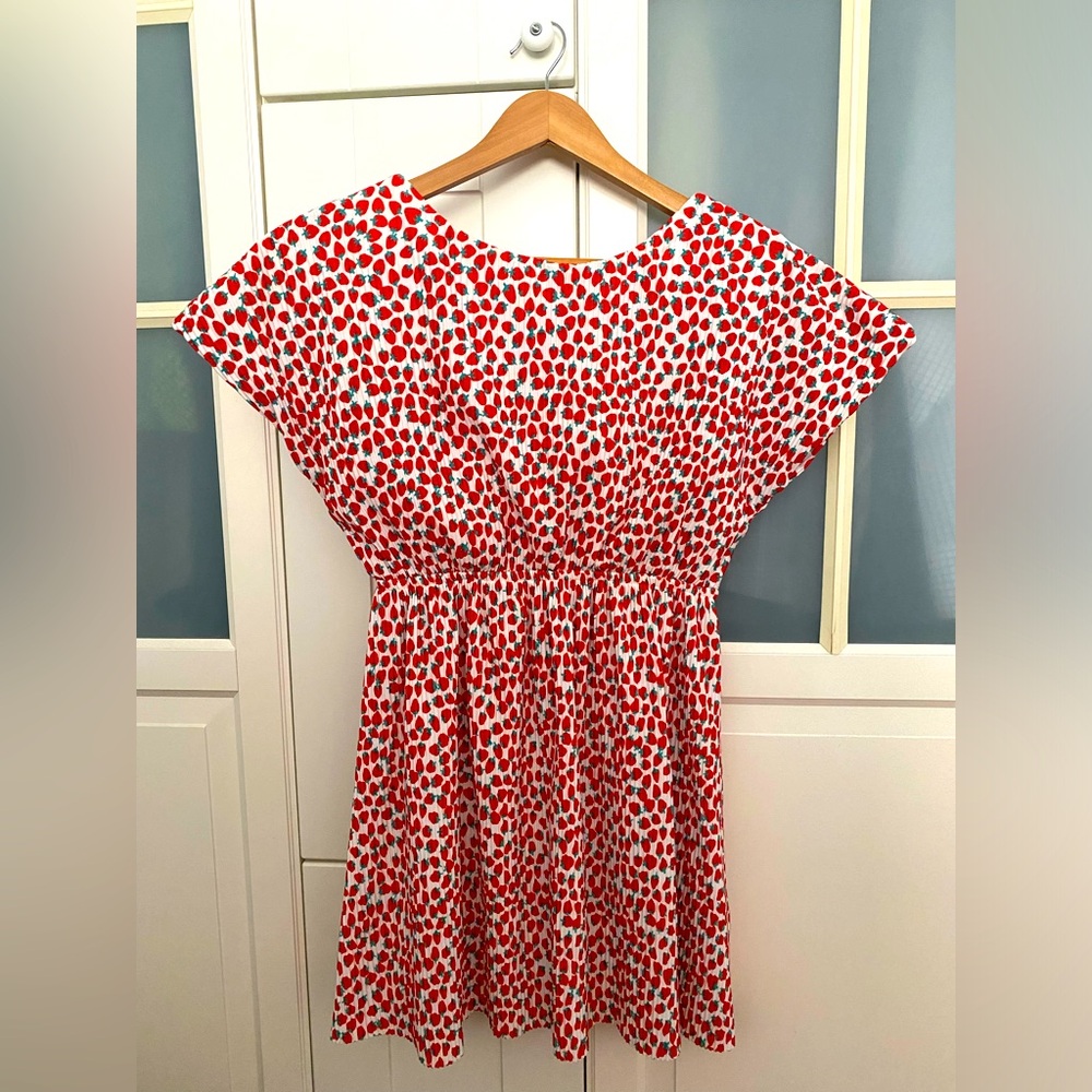 Preloved ZARA Girls Pleated Printed Strawberries Dress Back Bow Detail Sz 11-12